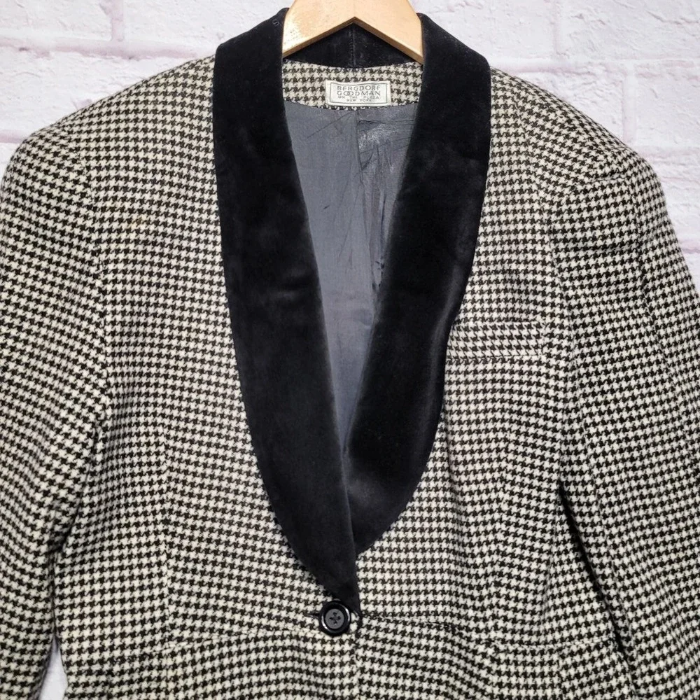 Bergdorf Goodman Houndstooth Jacket Womens Large Black White Velvet‎ Collar - Picture 5 of 11